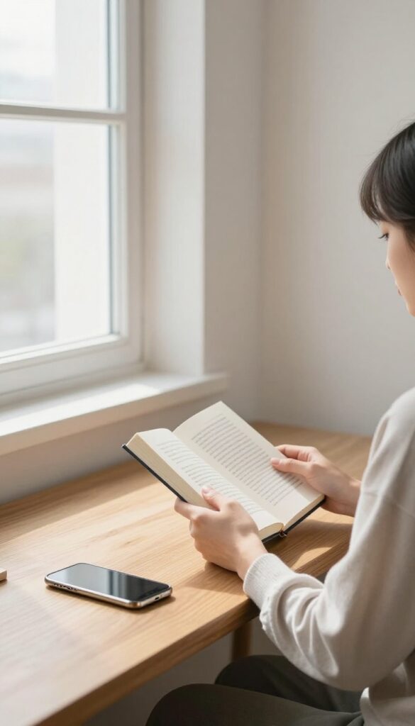 Person taking a digital detox break by a window, phone face down, holding a book
