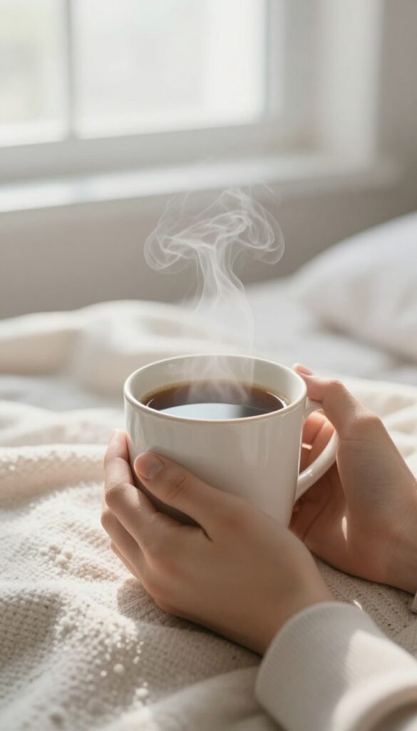 A person holding a warm mug of tea or coffee in soft morning light, creating a calm and mindful self-care moment.