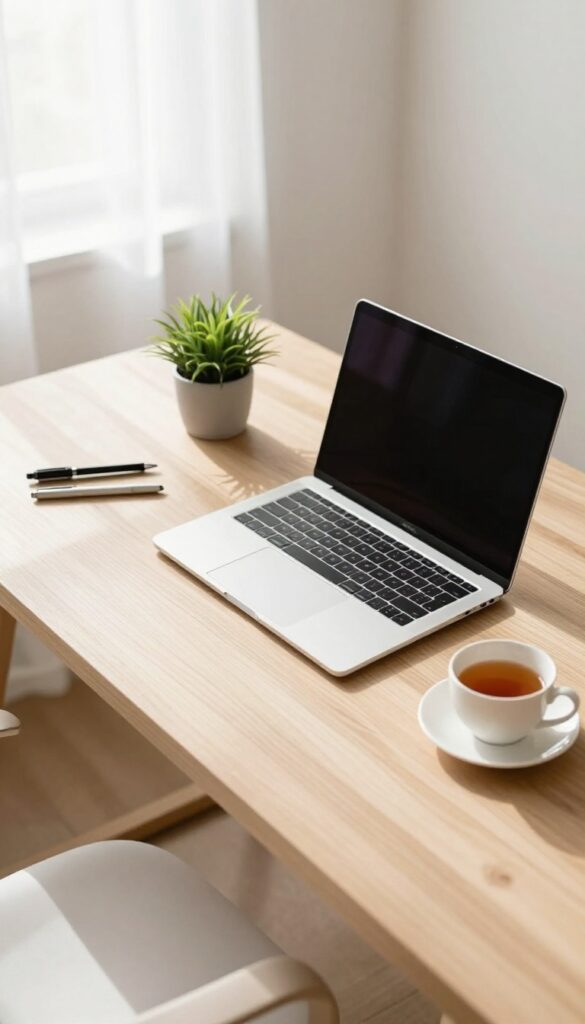 A tidy minimalist workspace with a laptop, pens, plant, and tea in natural light.