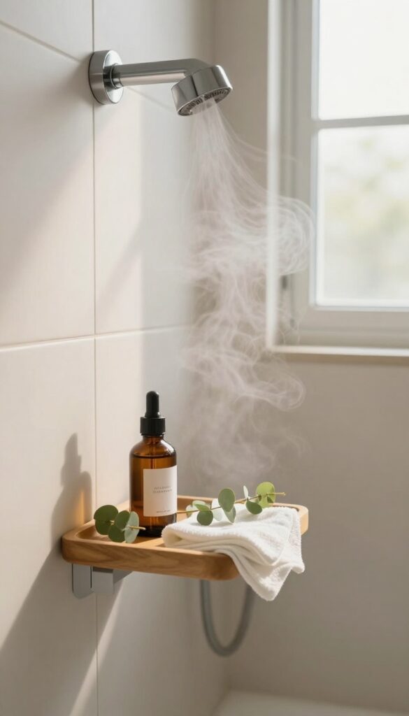A serene shower setup with essential oils and eucalyptus leaves for an aromatherapy session.