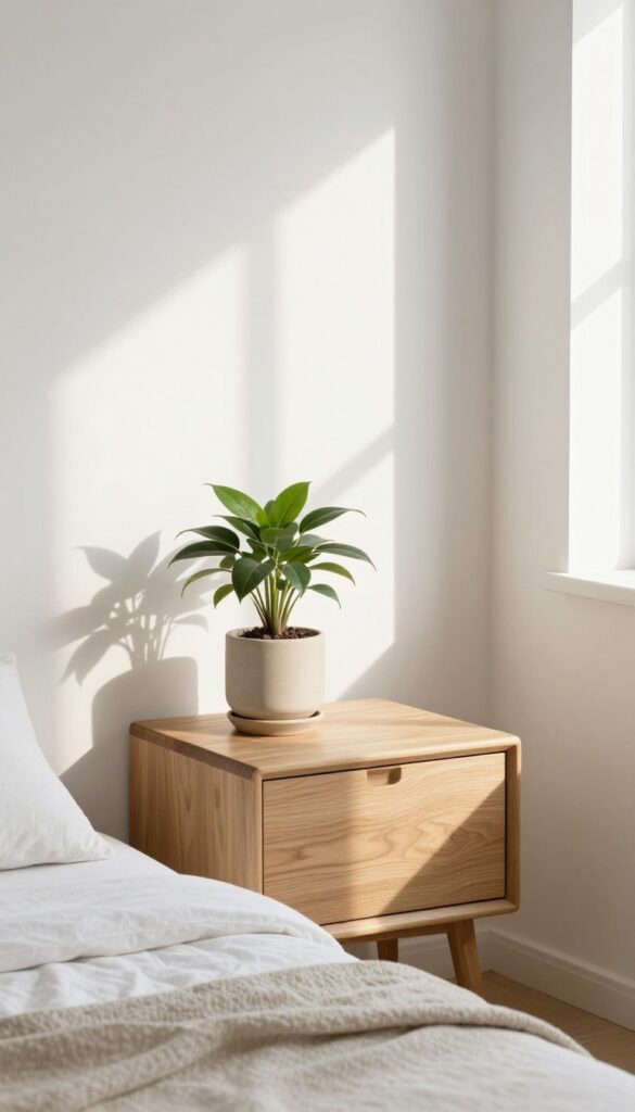 A clean nightstand with a plant and lamp, soft natural light, minimalist bedroom decor.