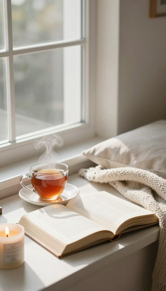 Cozy reading nook with a book, tea, and candle by a sunny window