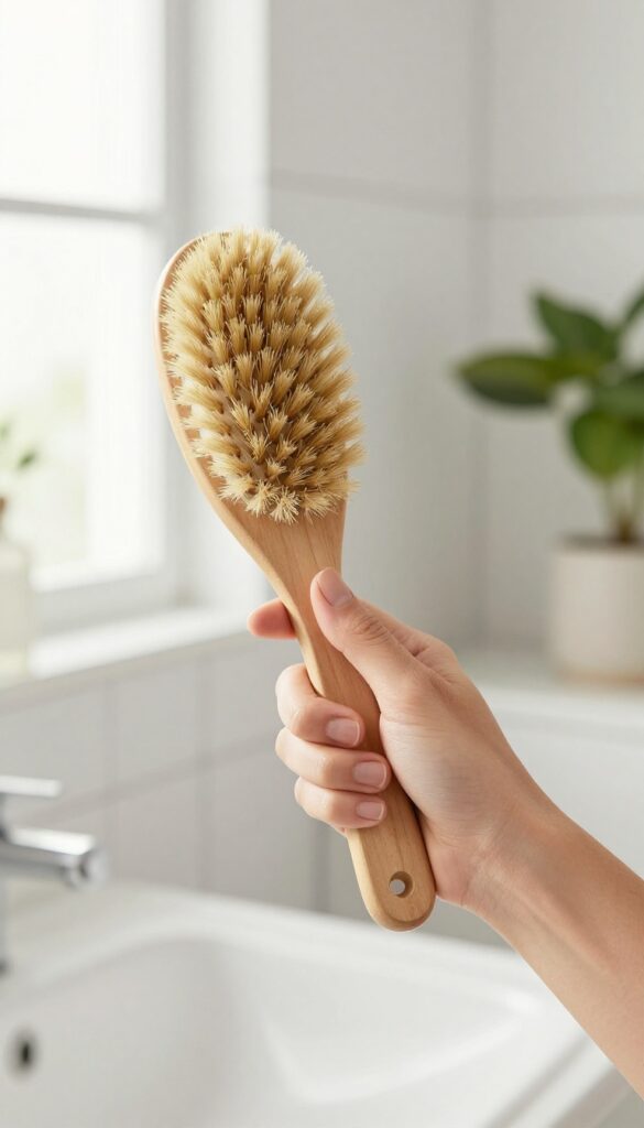 Woman dry brushing her arm with a natural bristle brush in a bright bathroom