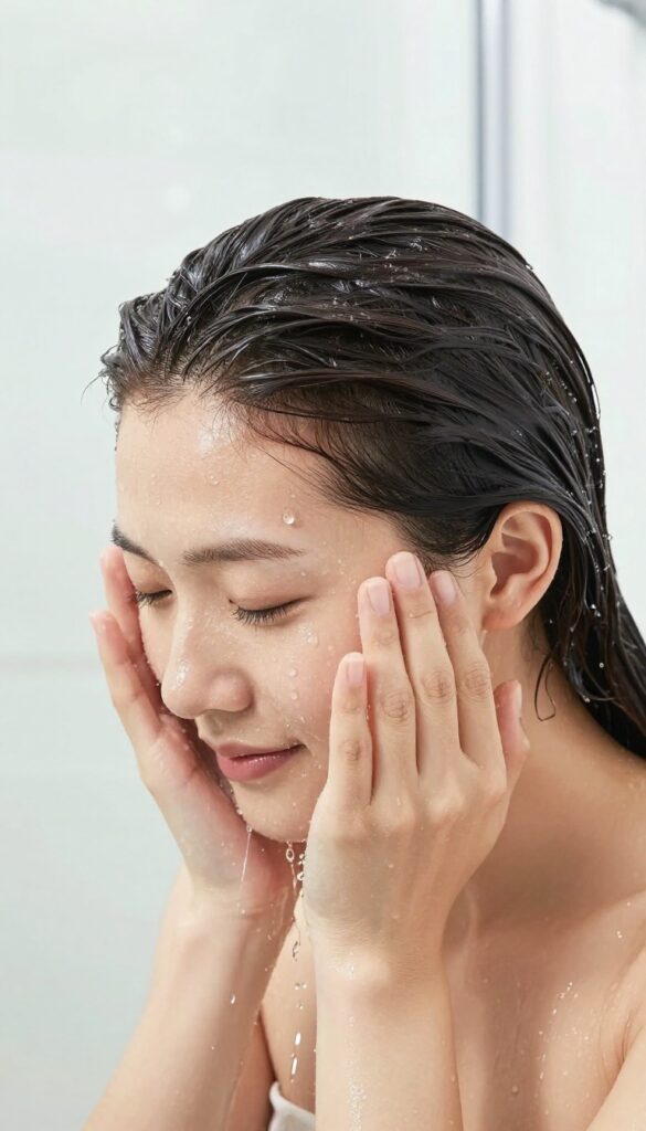 Woman rinsing her hair with cool water in a bright shower, shiny smooth hair with water droplets