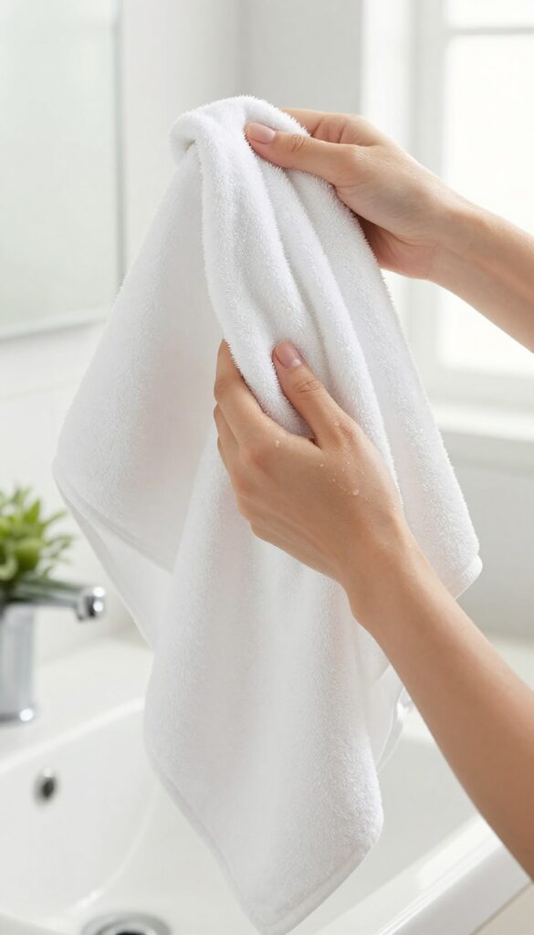 Woman wrapping wet hair in a white microfiber towel in a bright bathroom