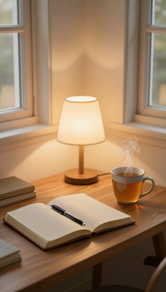 Journal for evening reflection on a desk with tea and lamp light