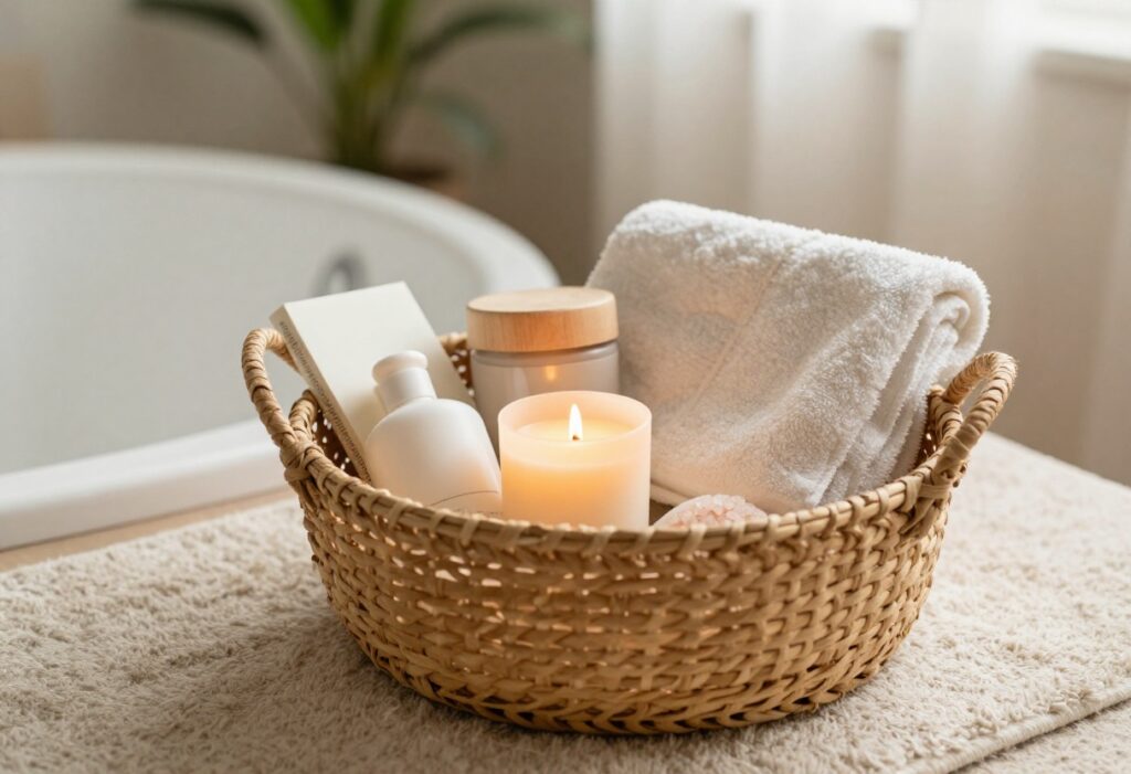 A woven basket filled with self care items like a candle, bath salts, and a towel, placed on a rug near a bathtub.