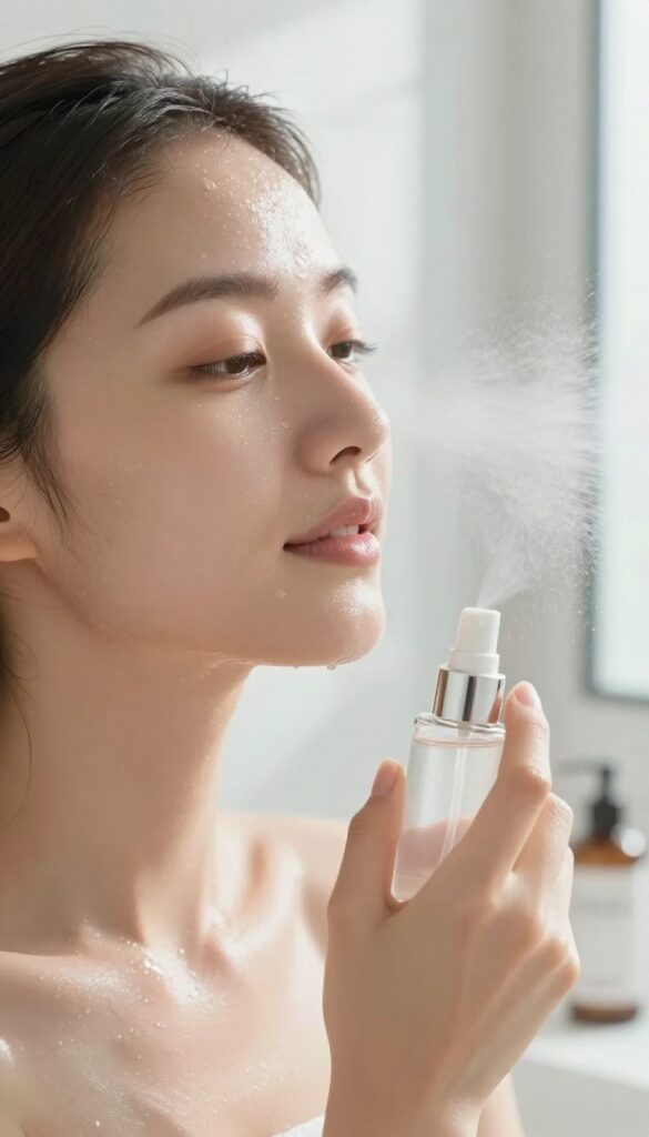 Woman spritzing hydrating face mist on damp skin after shower