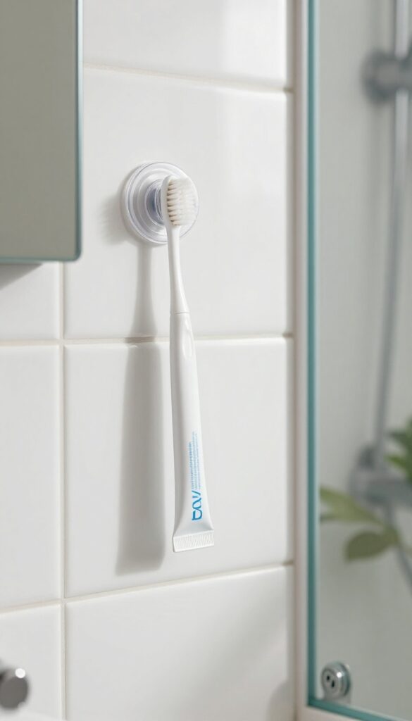 Suction cup toothbrush and toothpaste holder in a clean, bright shower