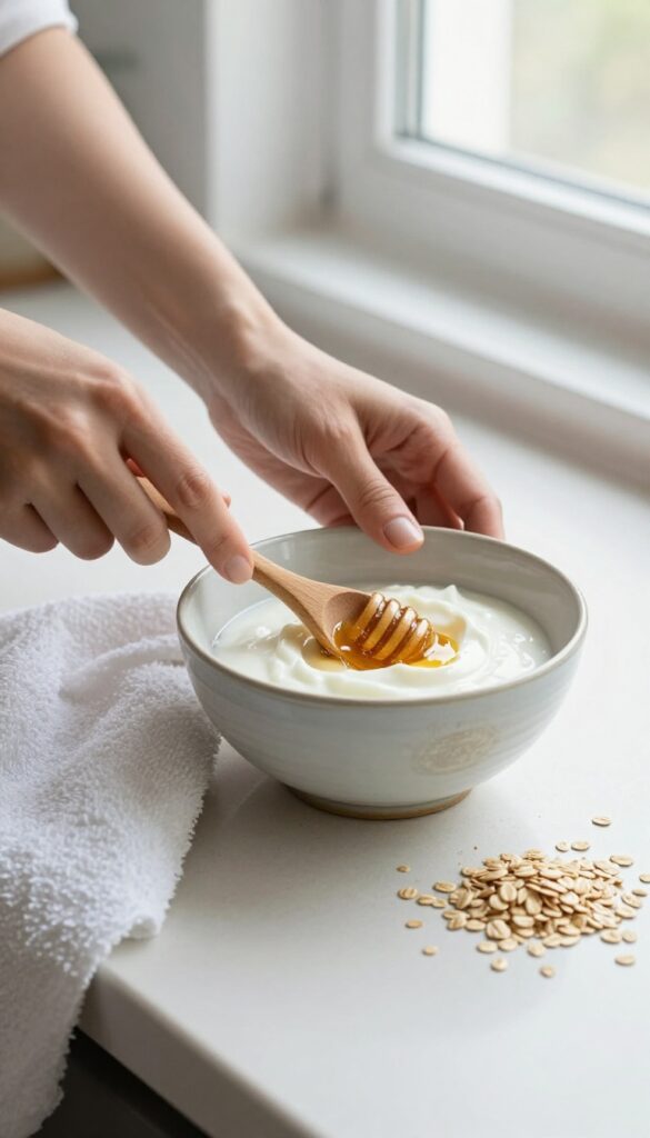 Woman mixing oatmeal, honey, and yogurt in a bowl for a DIY face mask in a bright kitchen