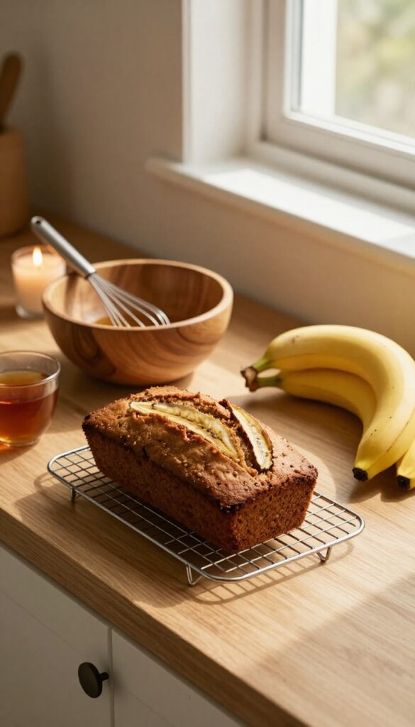 Baking banana bread on a cozy kitchen counter with tea and candlelight