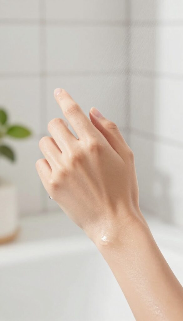 Woman spritzing perfume on her wrist after a shower