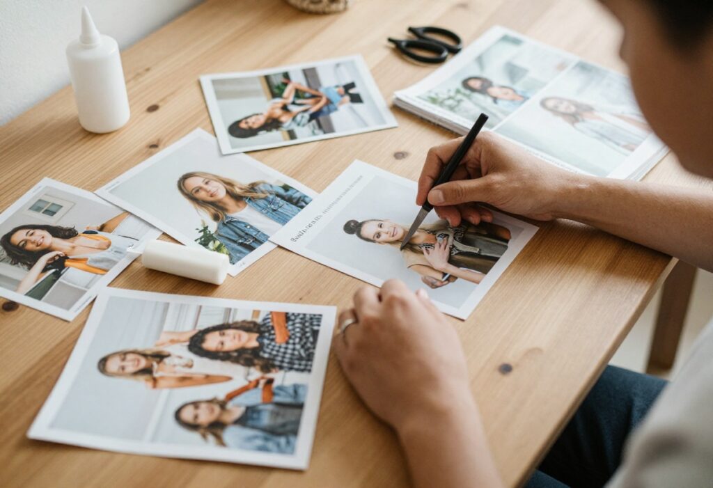Person making a self-care collage with magazines and scissors on a wooden table