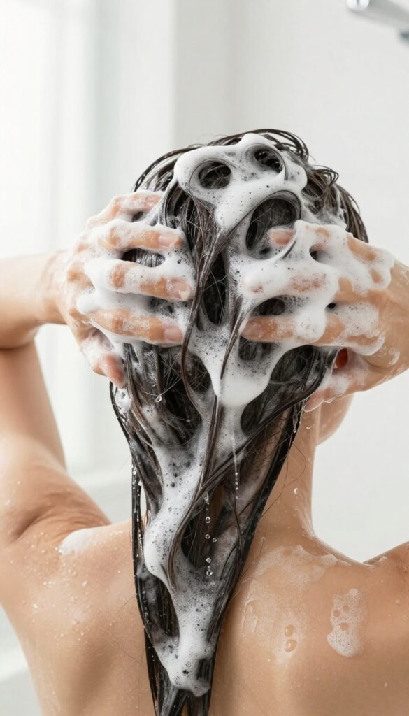 Woman double cleansing her hair in the shower with shampoo foam