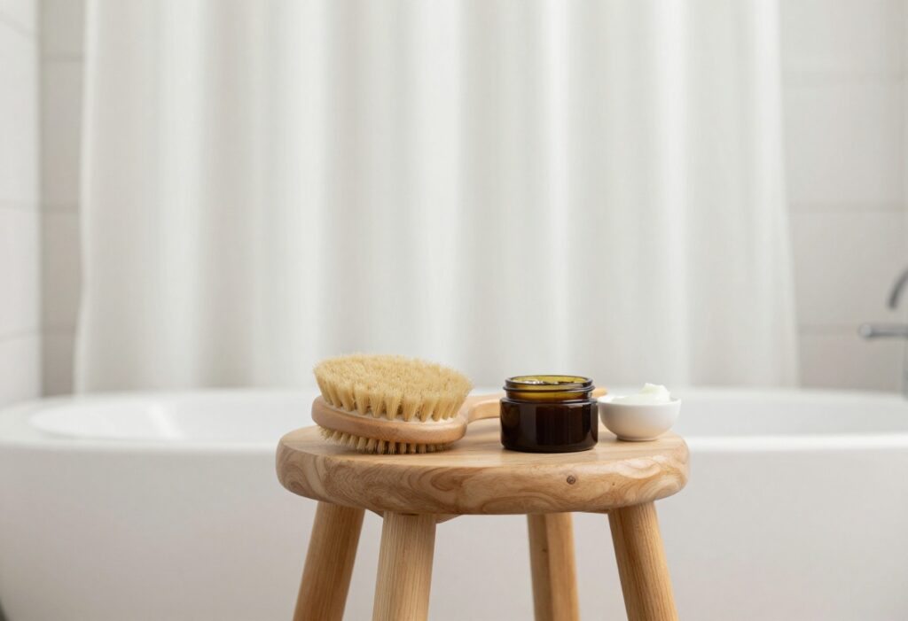 Pre-shower routine essentials: dry brush, coconut oil, and hair mask on a wooden stool in a bright bathroom.