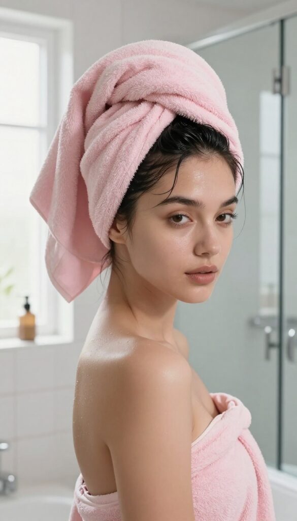 Woman with wet hair wrapped in a satin towel in a bright bathroom, showcasing a frizz-free hair care routine.