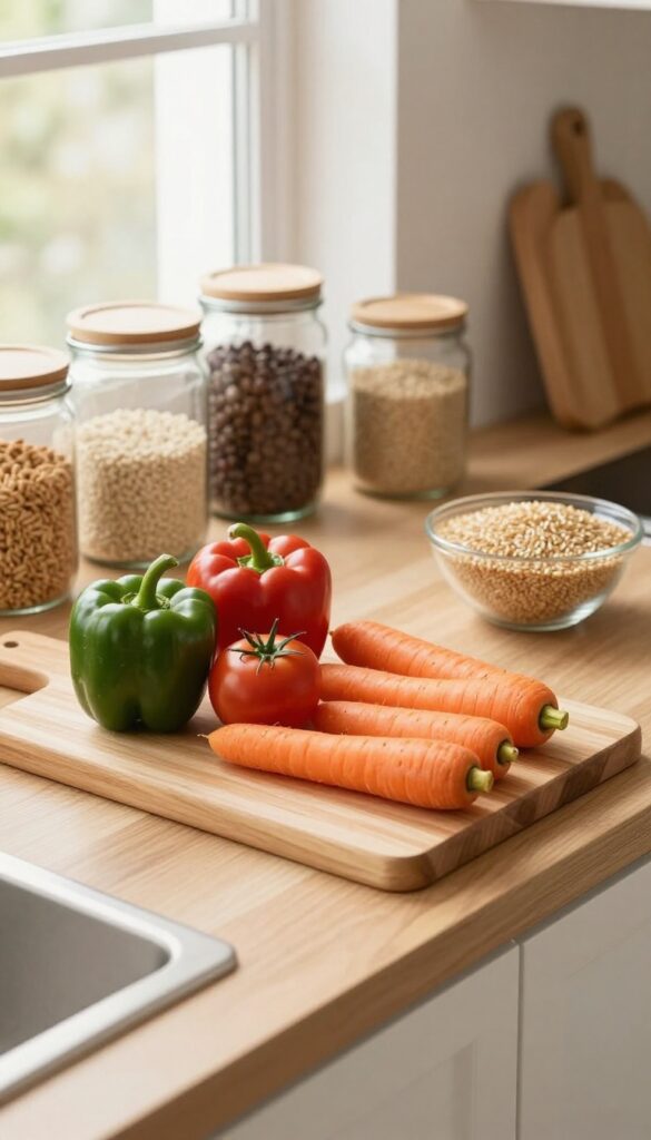 Weekly meal planning setup with fresh vegetables and prep containers on a kitchen counter