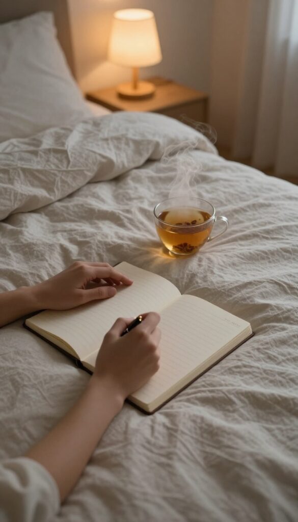 A person writing in a notebook on a bed with a cup of tea nearby, soft evening lighting.