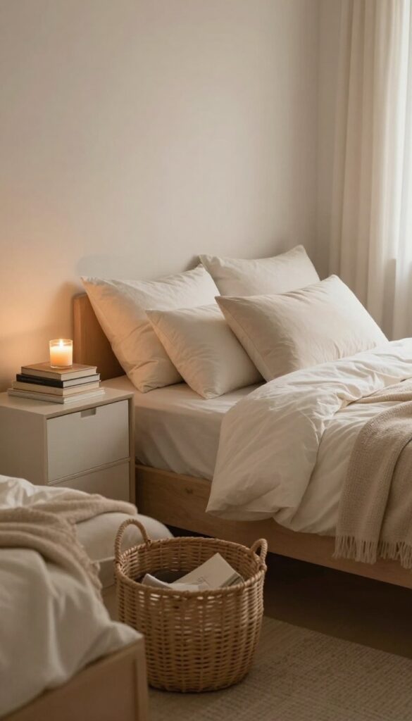 Tidy bedroom with a made bed, candle, and books on nightstand, warm evening light