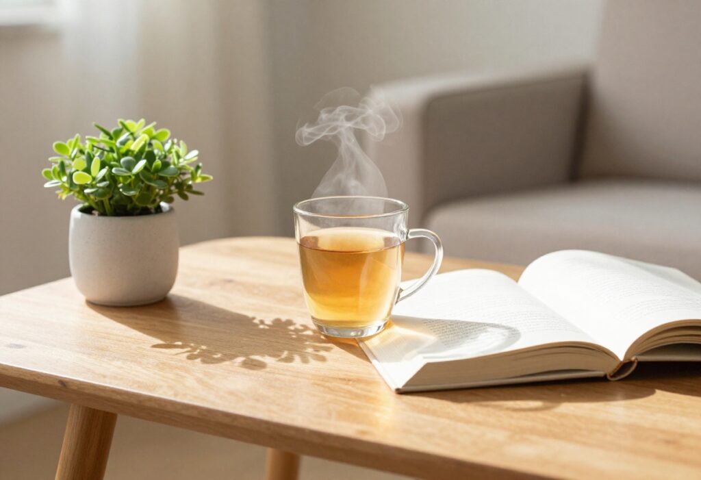 Cozy living room with tea, book, and plant for self care