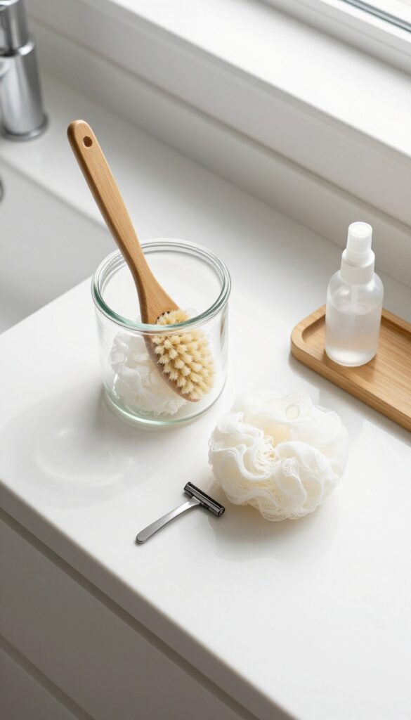 Clean shower tools on a bathroom counter