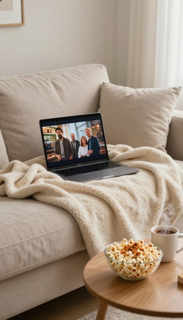 Cozy movie marathon setup with popcorn and hot chocolate on a coffee table
