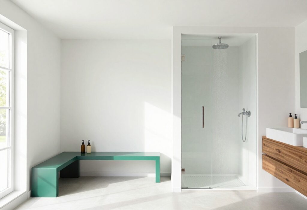 Modern walk-in shower with rainfall showerhead and teak bench