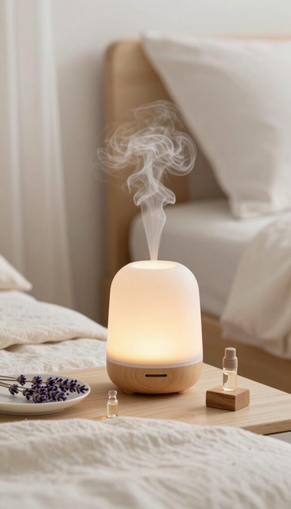 Calming essential oil diffuser on a nightstand in a peaceful bedroom