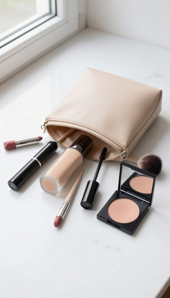 A minimalist capsule makeup bag with essential products on a marble surface