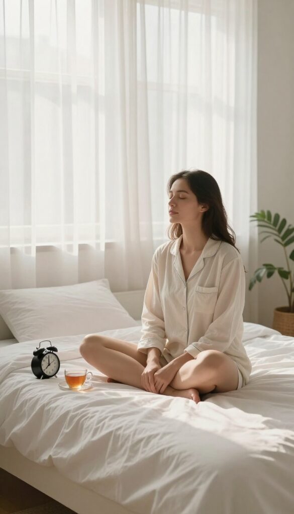 Woman sitting on bed in morning light, eyes closed, practicing a mindful pause.