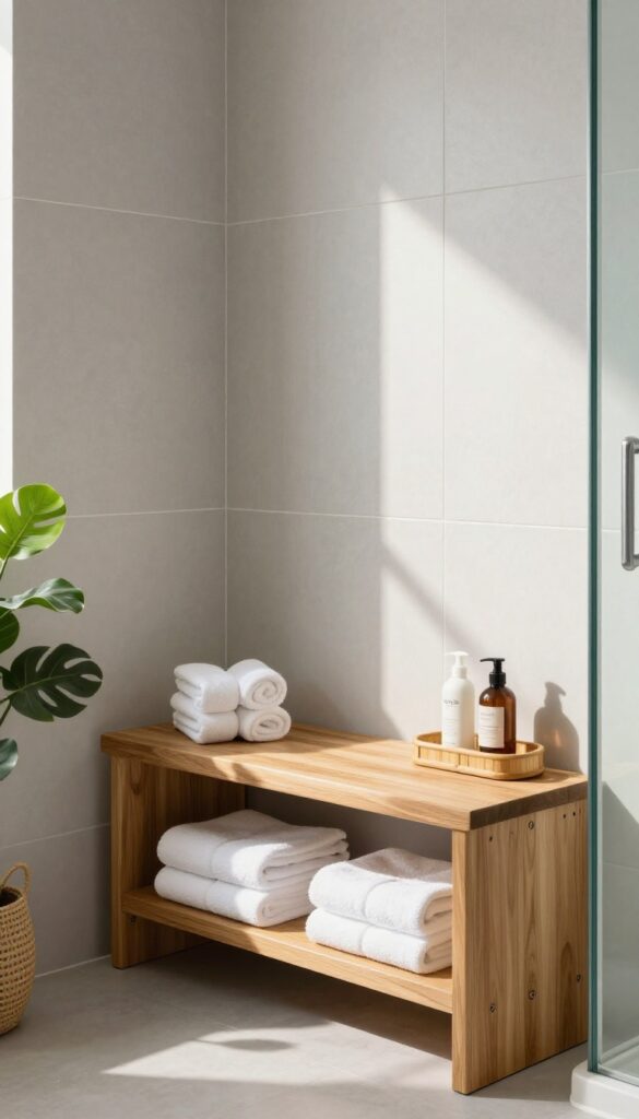 Teak shower bench with storage shelf and hidden compartment in a bright, spa-like bathroom