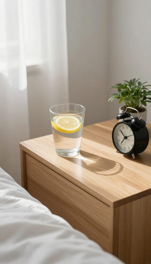 Glass of water with lemon on nightstand in bright morning light