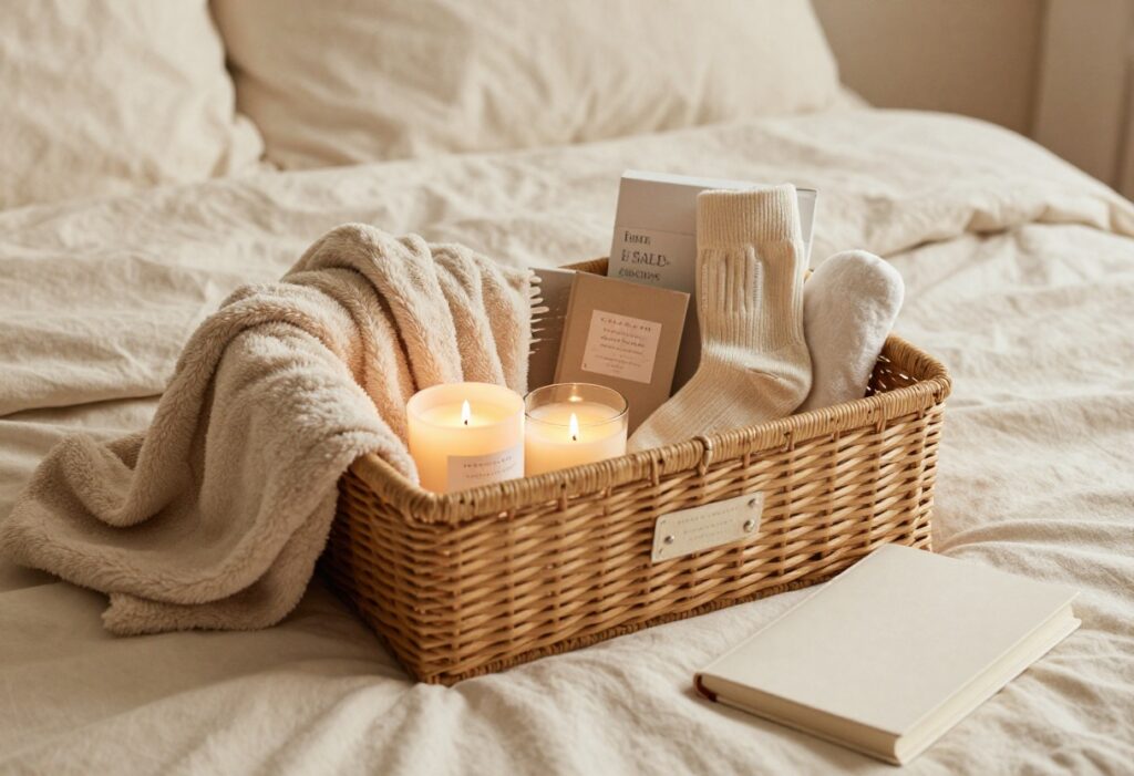 A self-care gift basket filled with cozy items like a blanket, candle, tea, and socks on a soft blanket.