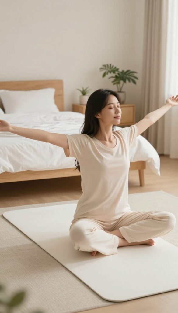 Woman stretching in bedroom with morning light