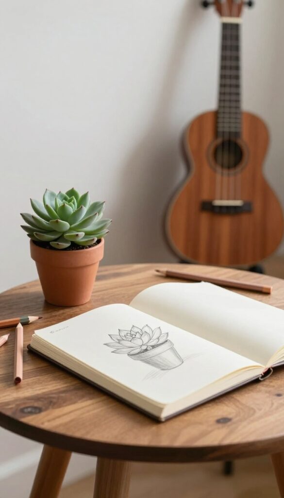 A hands-on hobby setup with a sketchbook, colored pencils, succulent, and ukulele on a wooden table in natural light.