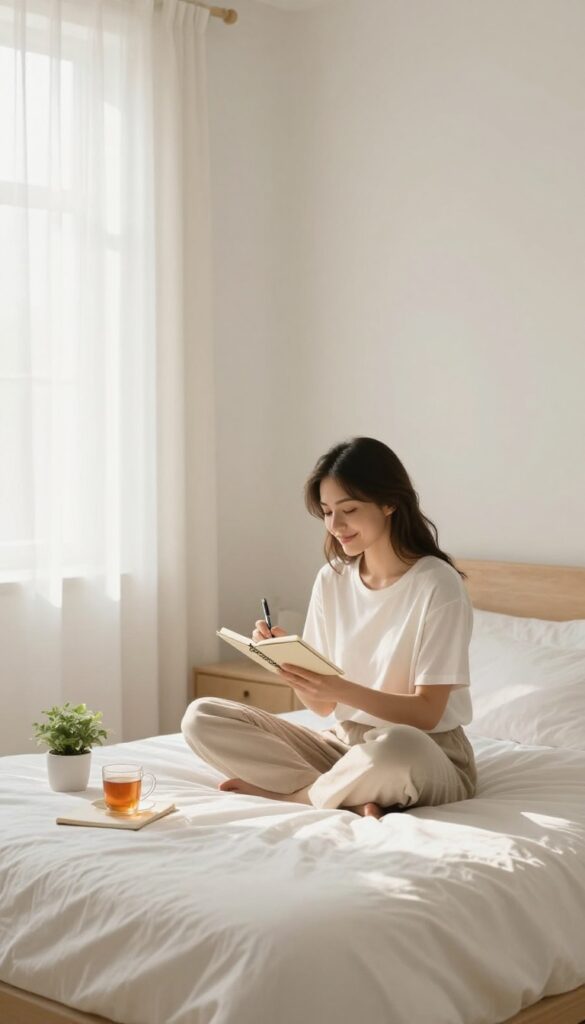 Woman writing in a notebook on a bed in a sunlit, minimalist bedroom