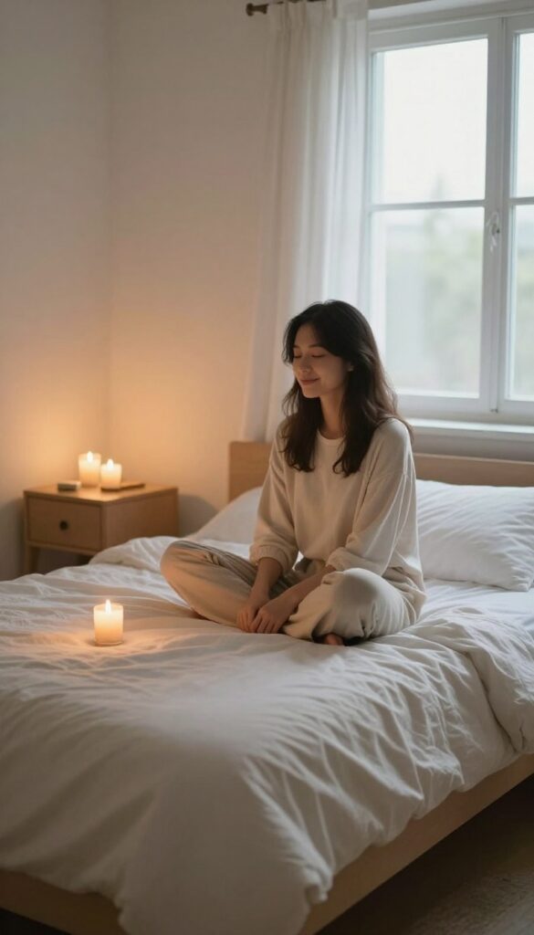 Woman meditating in gratitude on bed at night with candlelight