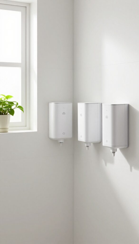 Three wall-mounted soap dispensers in a tidy shower, labeled for shampoo, conditioner, and body wash, with natural light and no clutter