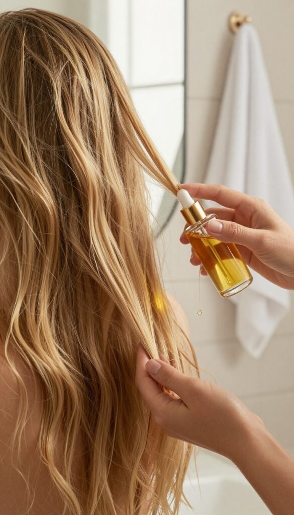 Woman applying hair oil to damp hair in bright, clean bathroom
