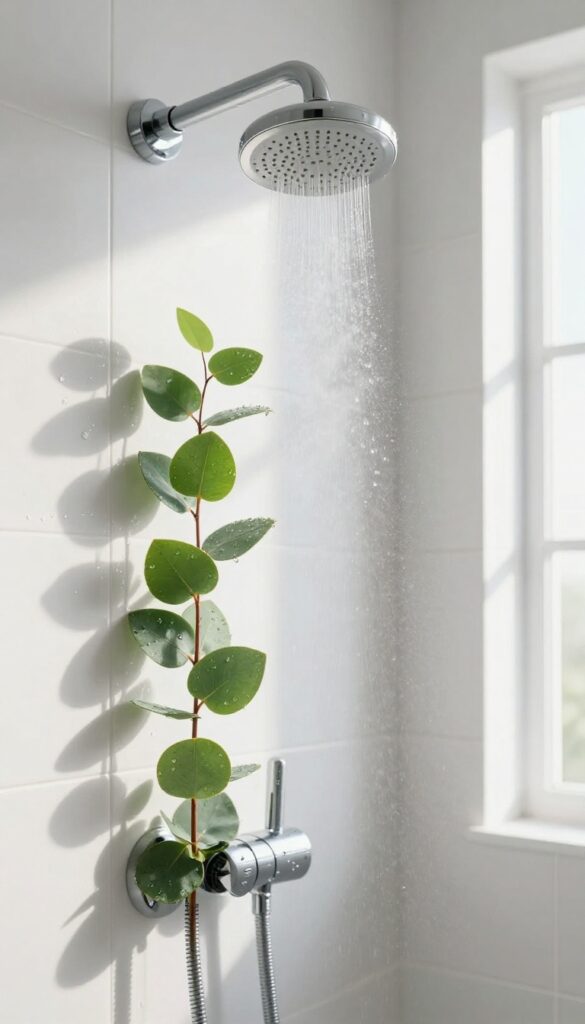 Fresh eucalyptus hanging from a showerhead in a bright, steam-filled bathroom