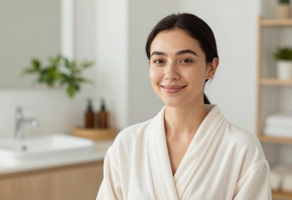 Person with healthy glowing skin in a robe, natural light, bathroom background