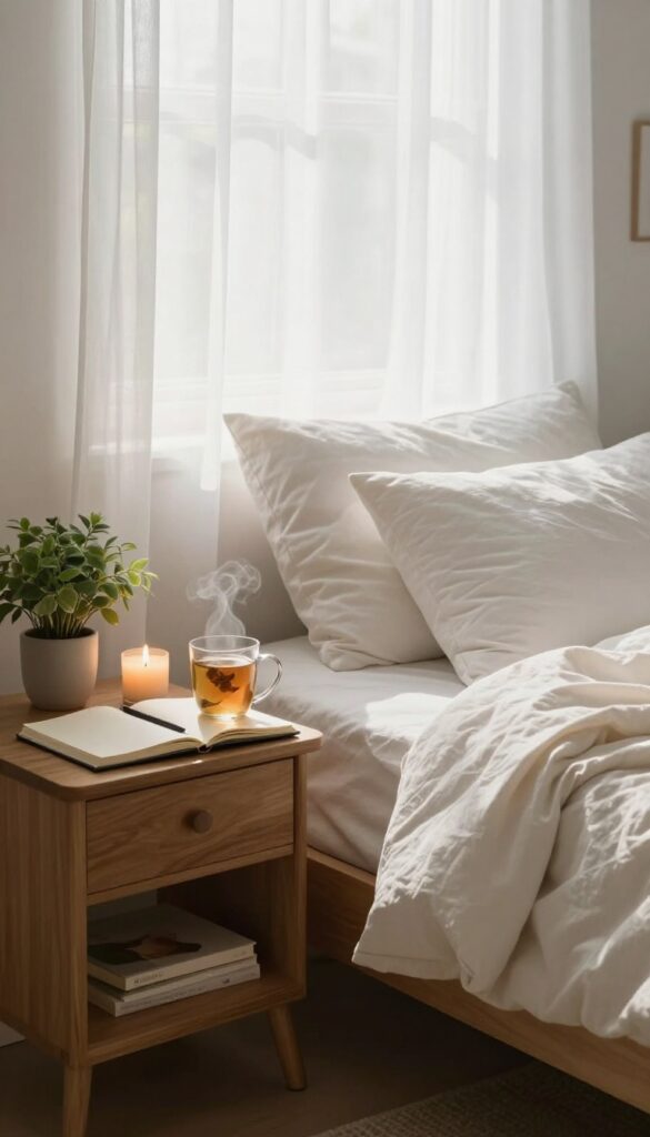 Cozy bedroom with notebook, pen, tea, candle, and soft morning light, evoking anticipation for a simple pleasure.