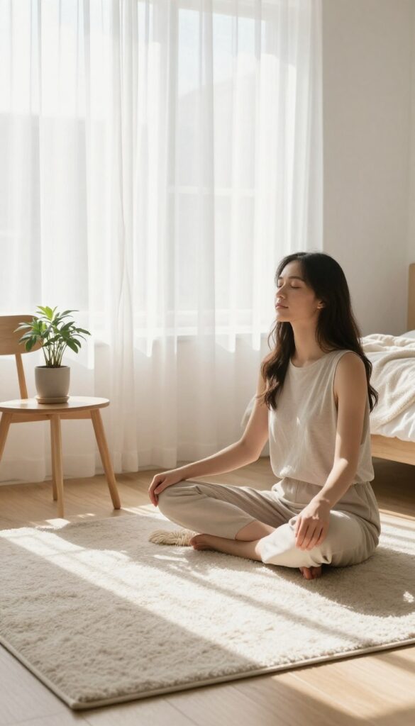 Person meditating in a sunlit room with minimalist decor