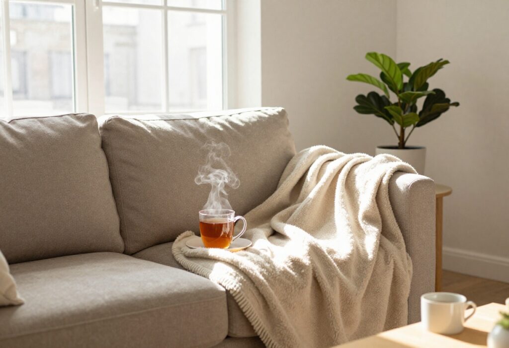 Cozy living room with tea and blanket, representing self-care at home