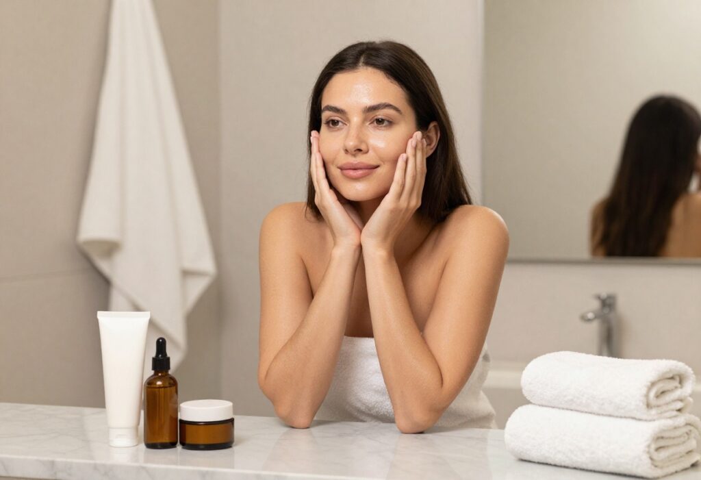 Woman with glowing skin in a bright bathroom with skincare products