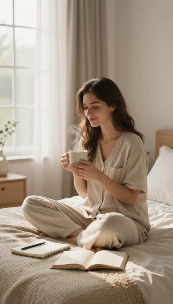 Woman reflecting on her day with kindness in a cozy bedroom at dusk