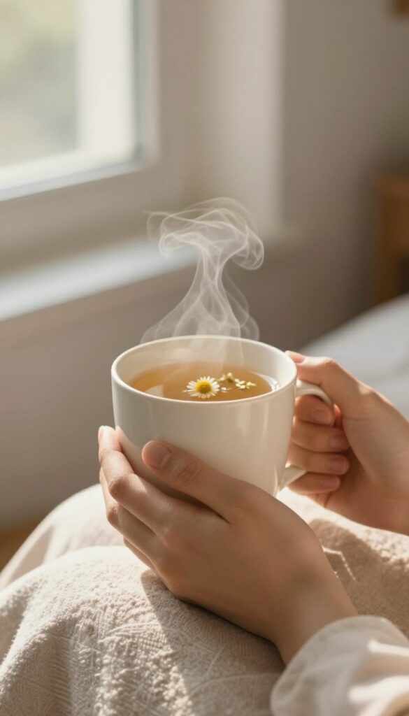 Woman holding a warm mug of chamomile tea in a cozy bedroom at night