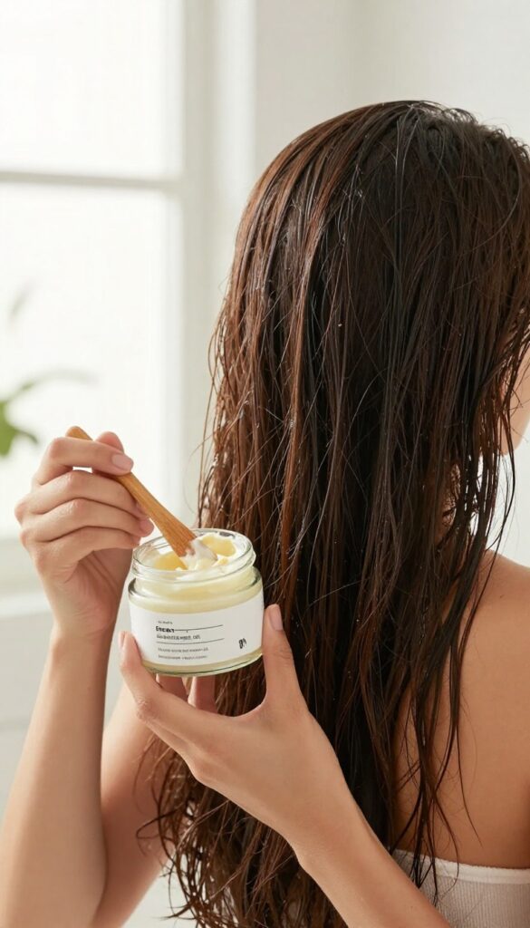 Woman applying a hair mask to damp hair in a bright bathroom