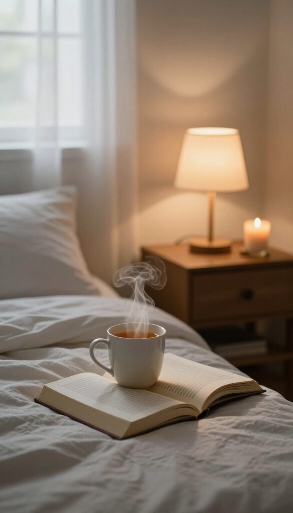 Cozy bedroom with herbal tea, book, and candle for relaxing evening ritual