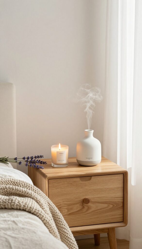 Peaceful bedroom corner with a lit candle and diffuser, soft natural light, cozy decor.